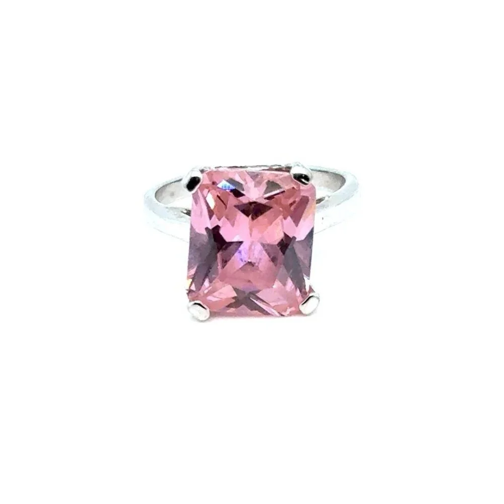 925‎ Silver Emerald Cut Pink Stone Ring